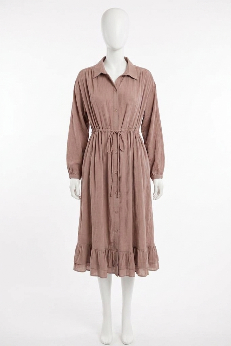 NEW BLUIVY ruffled midi open duster shirt dress in mauve